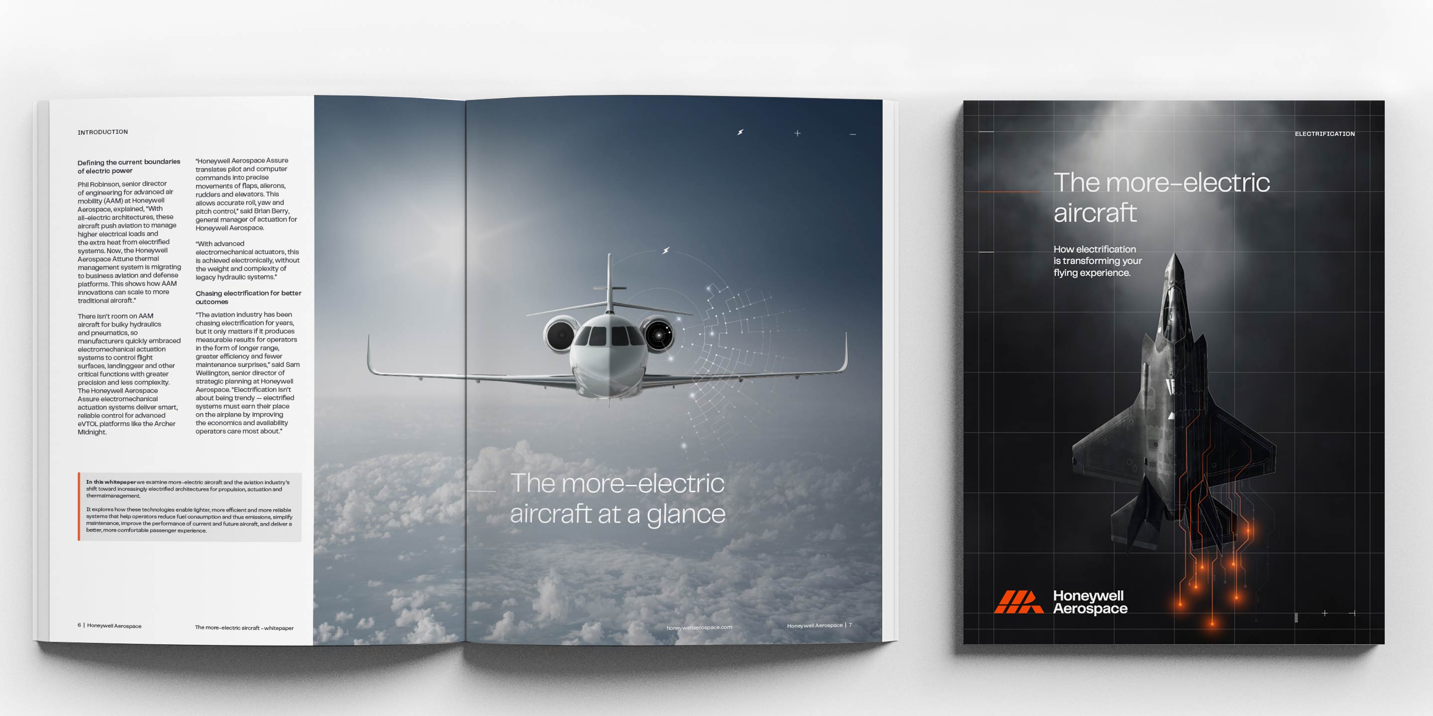 A professional mockup displaying a Honeywell Aerospace whitepaper focused on more‑electric aircraft technology, featuring a jet in flight and a modern cover design.