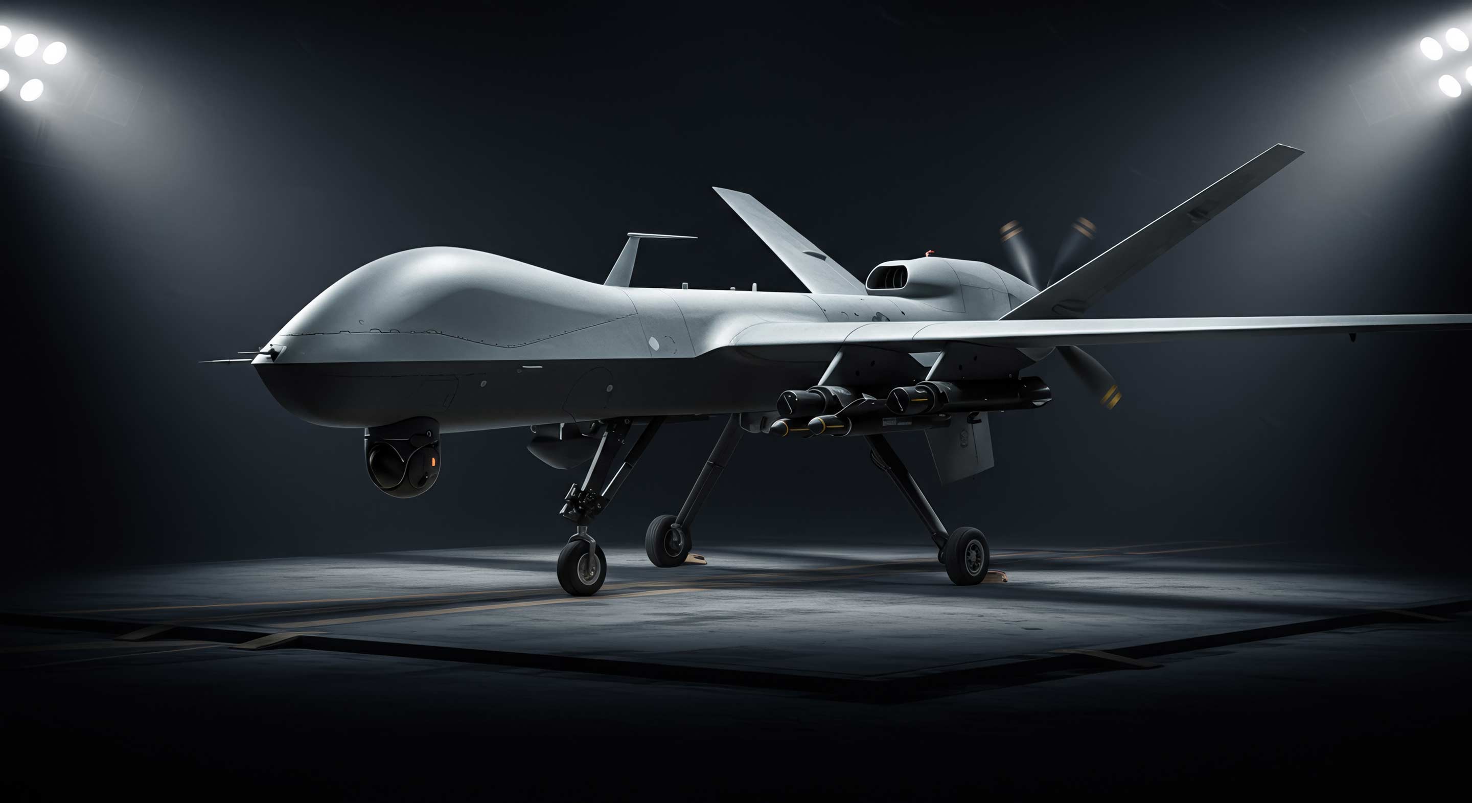 A large military surveillance UAV is dramatically lit by spotlights against a dark background on a tarmac or hangar floor. The image conveys Honeywell's leadership in defense unmanned systems, navigation, and avionics for UAV platforms.