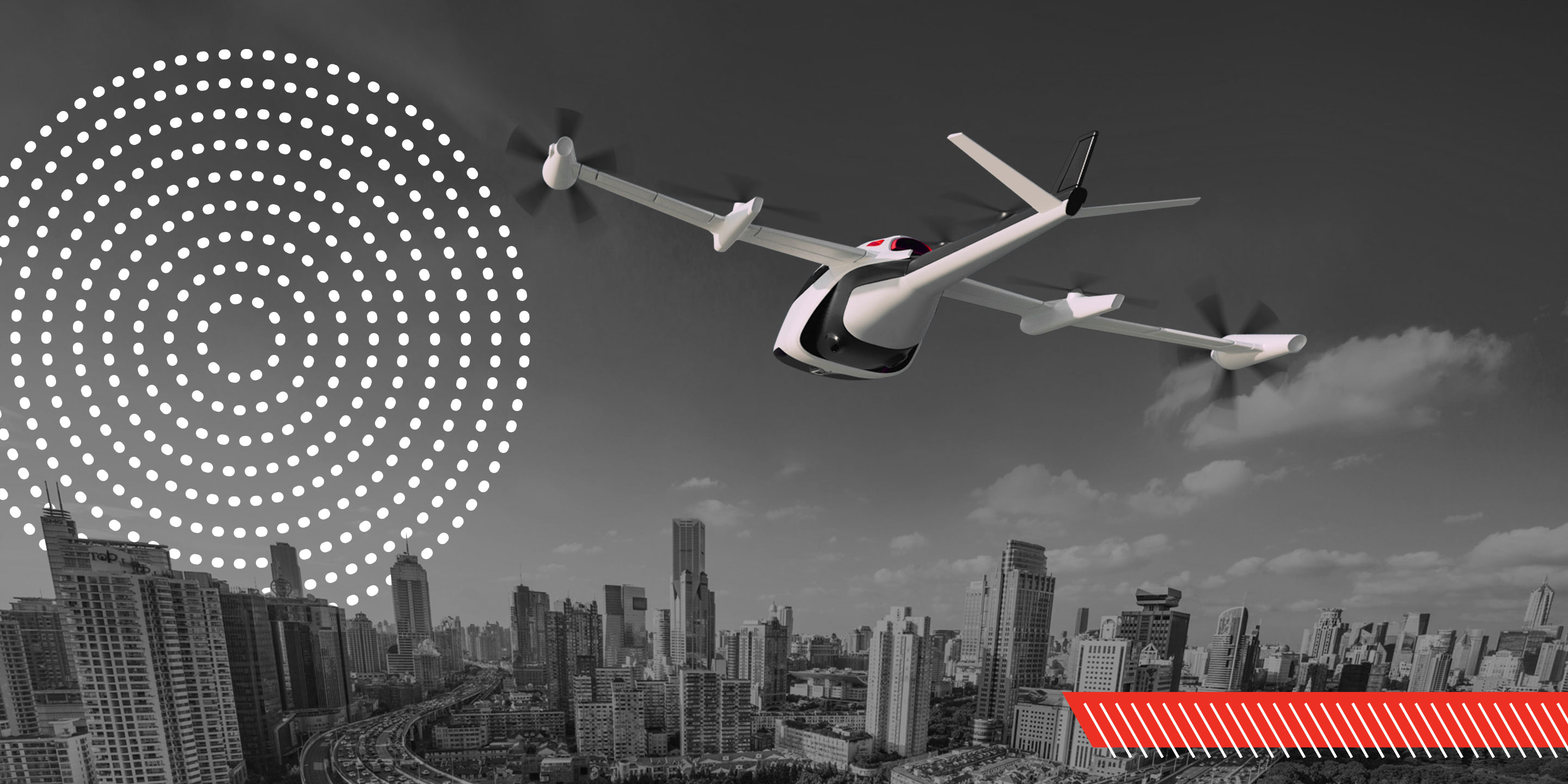 eVTOL aircraft flying toward a modern city skyline during daytime