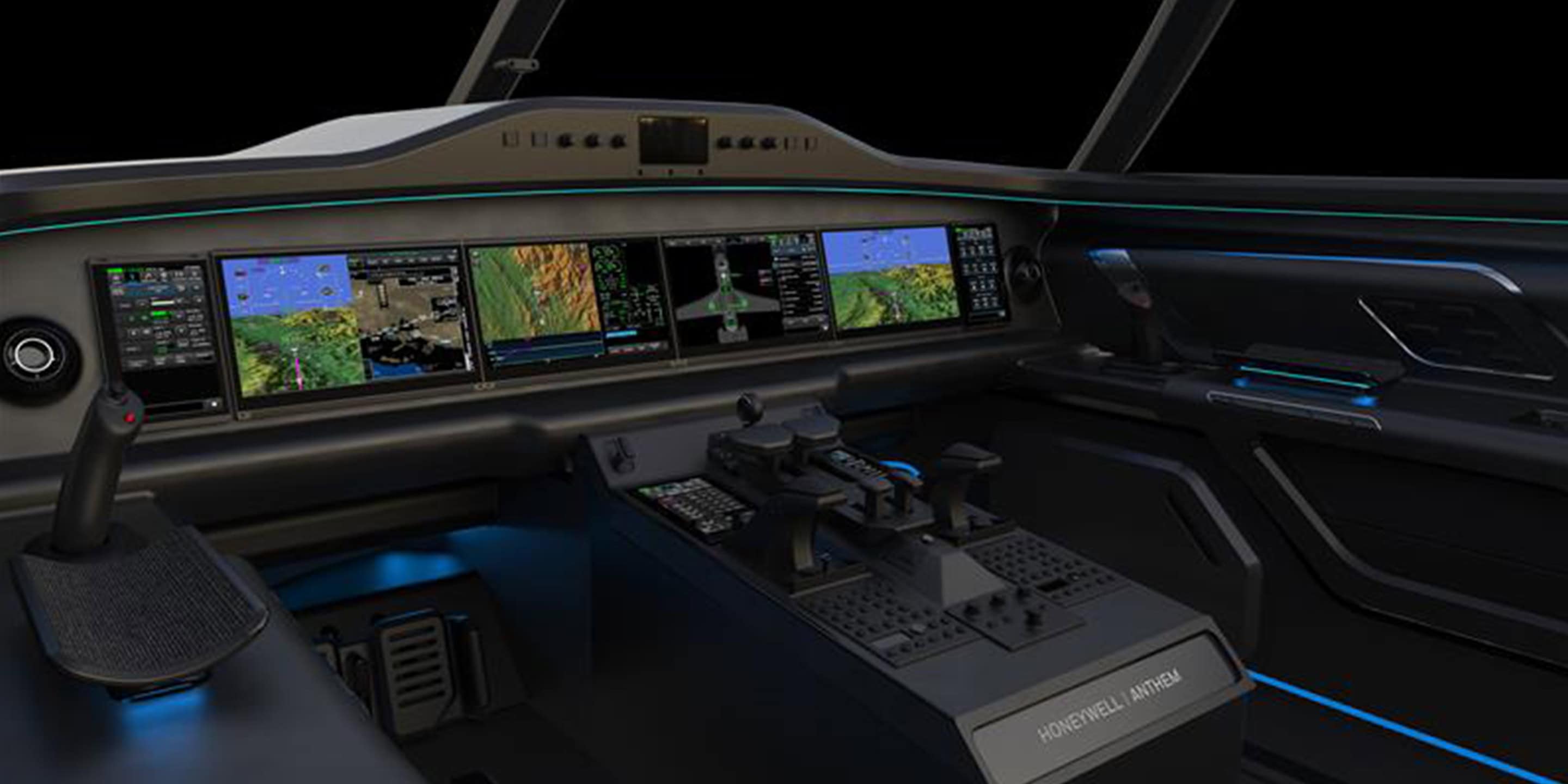 Interior view of an aircraft cockpit featuring Honeywell Anthem avionics, digital flight displays, and control systems.