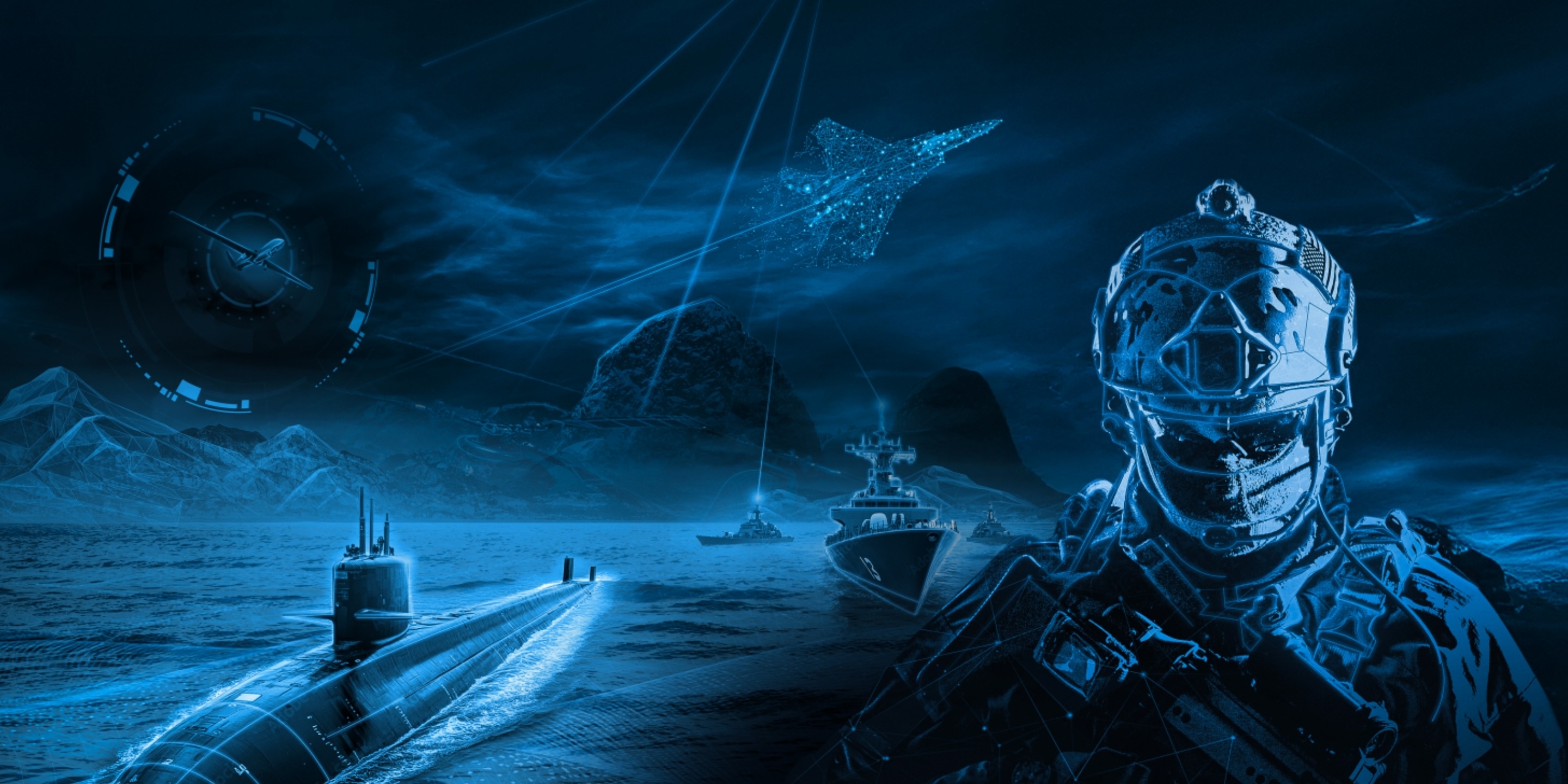 Showcasing advanced multi‑domain defense systems that connect naval fleets, submarines, and airborne platforms for enhanced mission capability