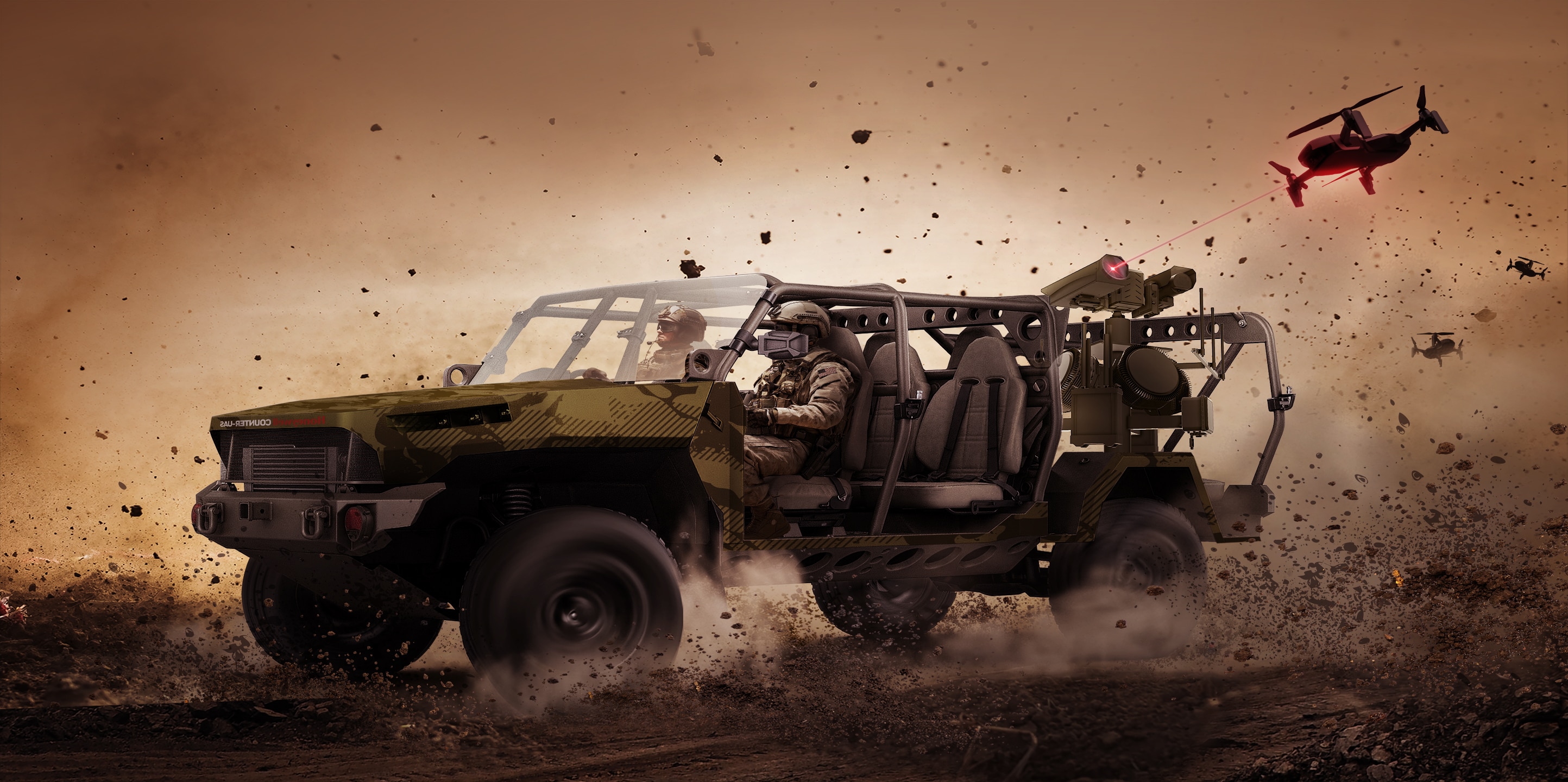 A military ATV drives through dirt while a drone flies overhead, showcasing the Honeywell Counter-UAS system in action.