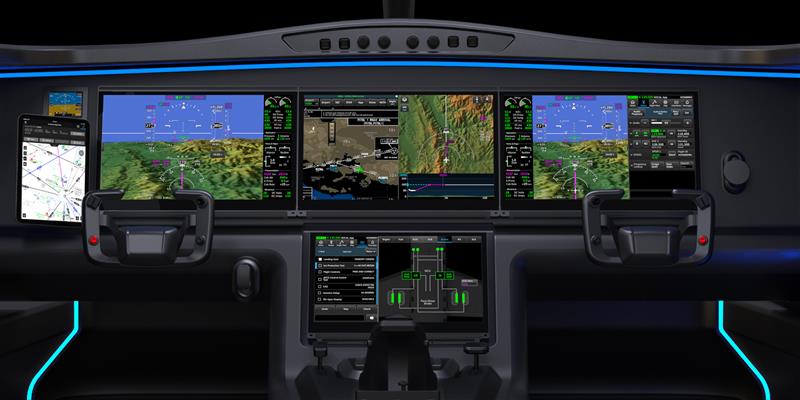 High-tech cockpit featuring digital flight controls.
