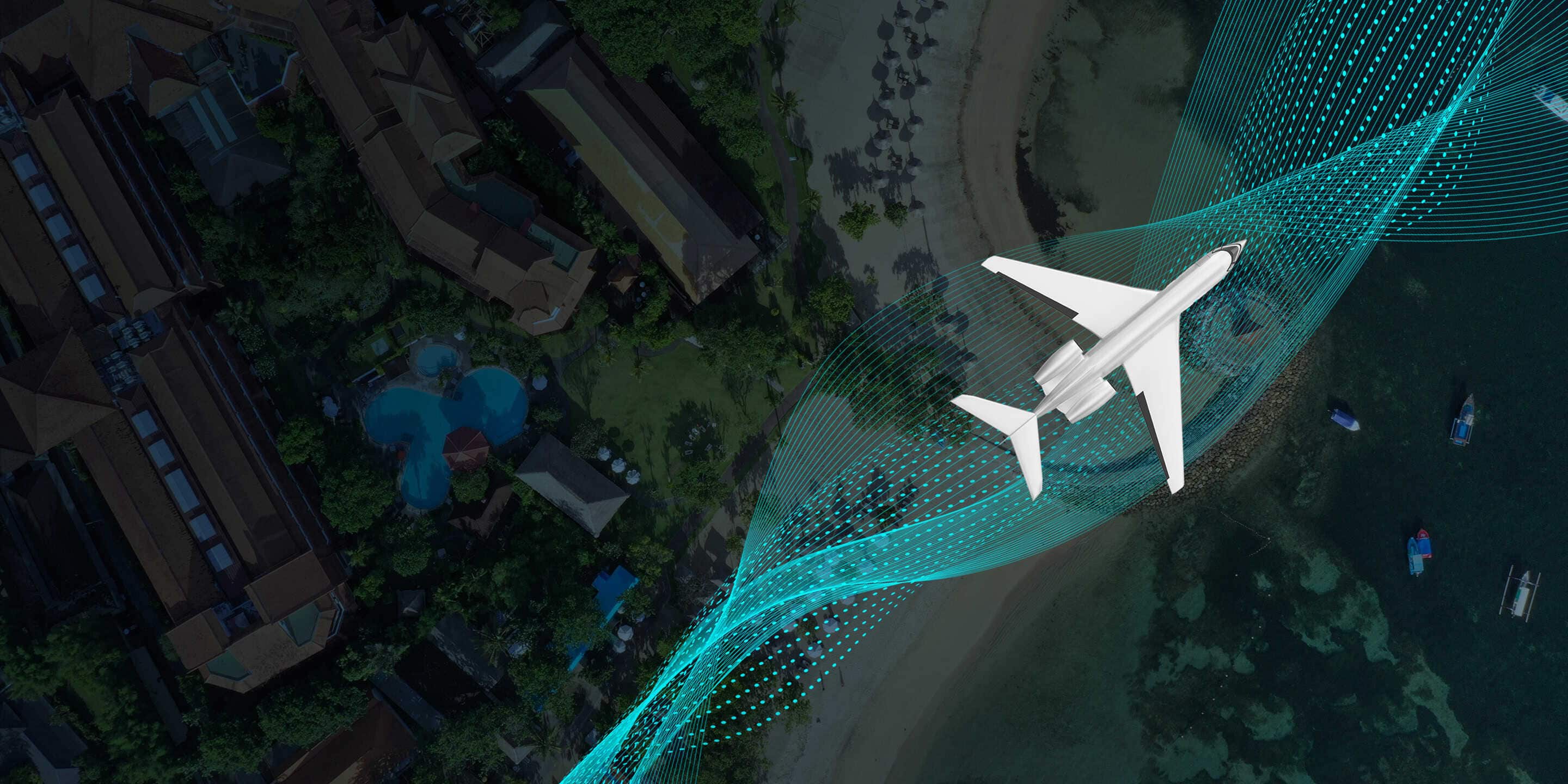 Aircraft flying over a sustainable green city with parks and modern buildings