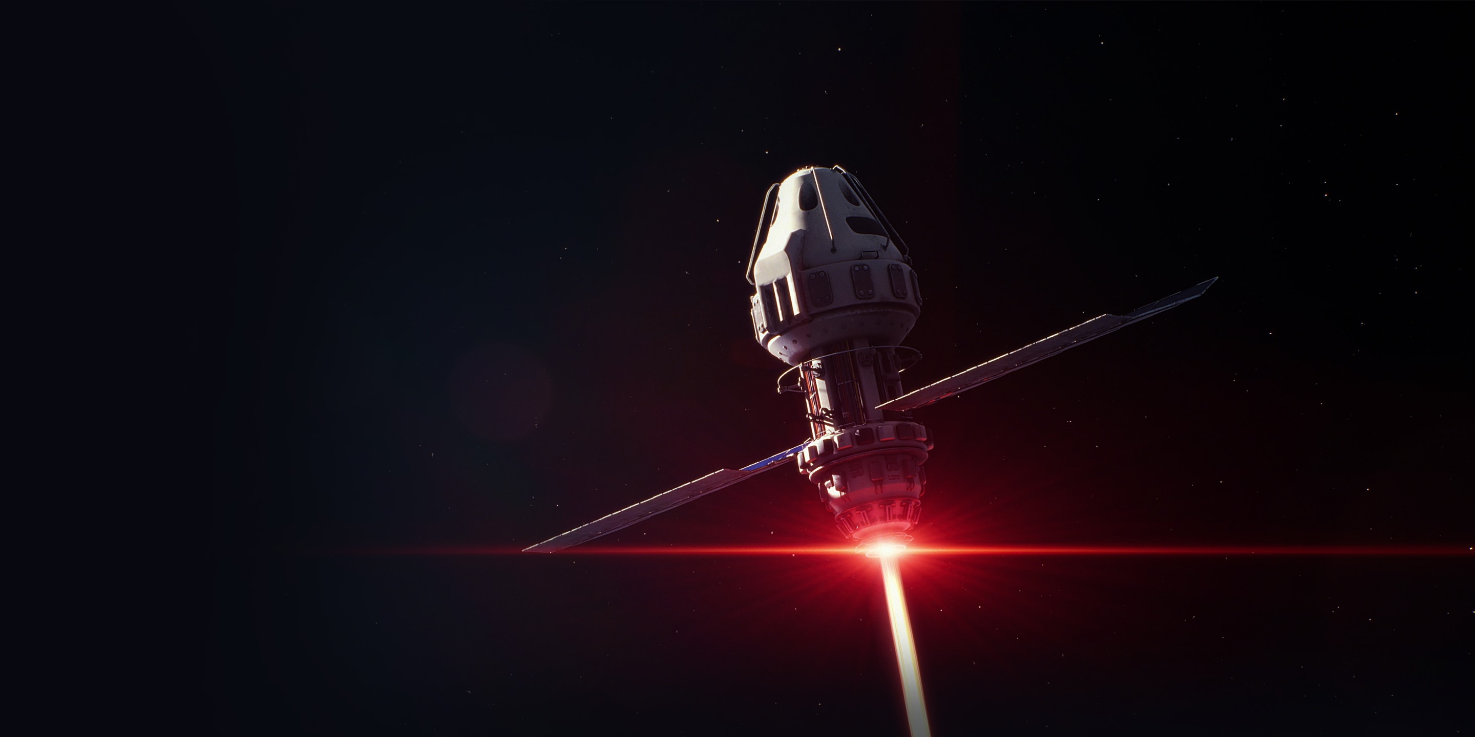 A cylindrical spacecraft with a conical top and extended solar panels emits a bright red beam in space, set against a dark starless background.