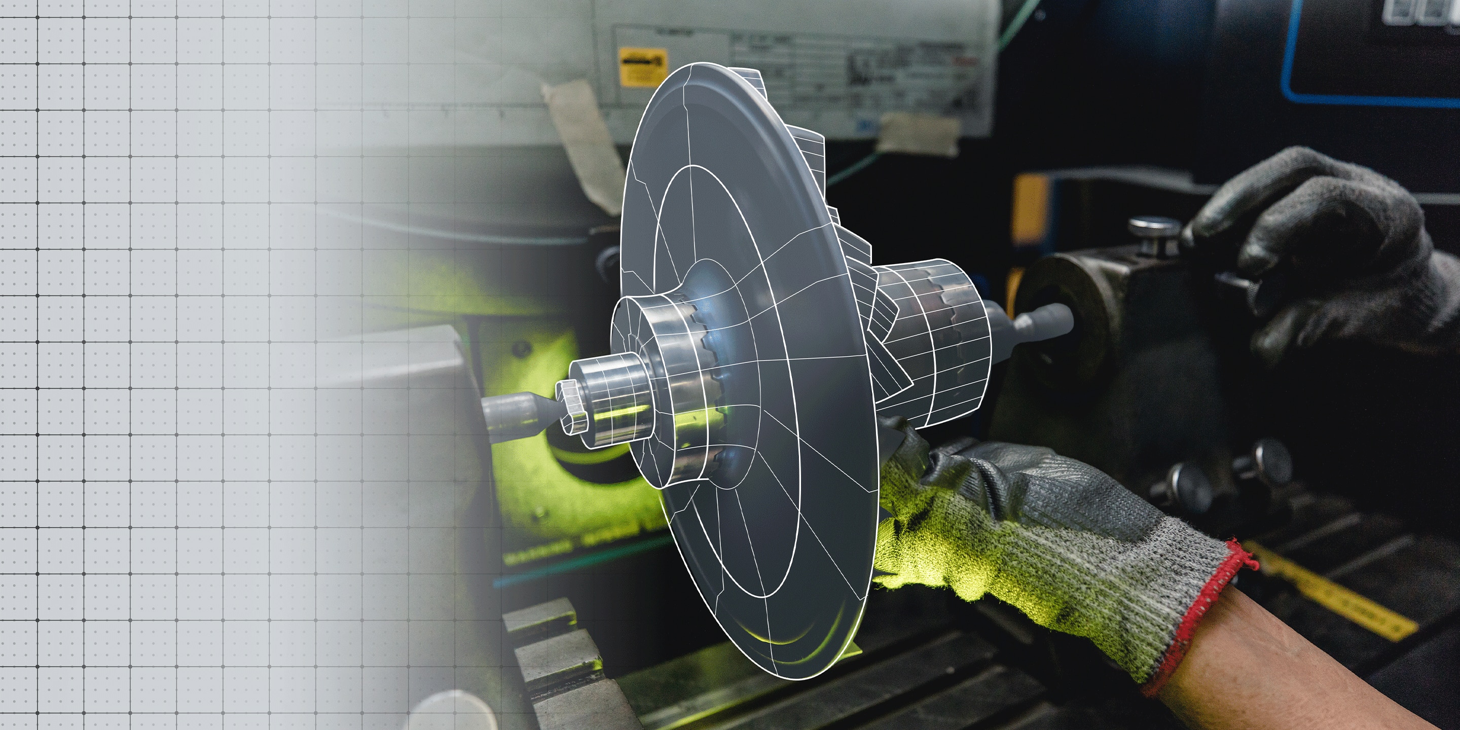 A gloved technician operates a machine tool on a metal part, with a wireframe overlay showing CAD integration in manufacturing.