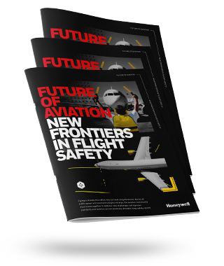 Floating stack of whitepapers titled "Future of Aviation New Frontiers in Flight Safety", featuring an image of a ground crew member directing an aircraft